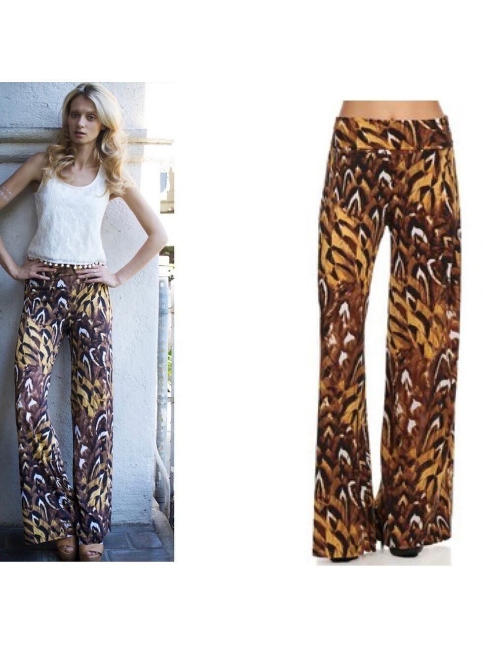 Brown yellow Feathered Cheetah print Palazzo Wide Leg Pants Sz S